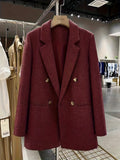 2025 Autumn/Winter High-Quality Blended Suit | Burgundy British Style Double-Breasted Coat Metal Buckle + Delicate Texture Loose Drape Commuter Style Light Luxury Workplace Women'S Clothing - Burgundy