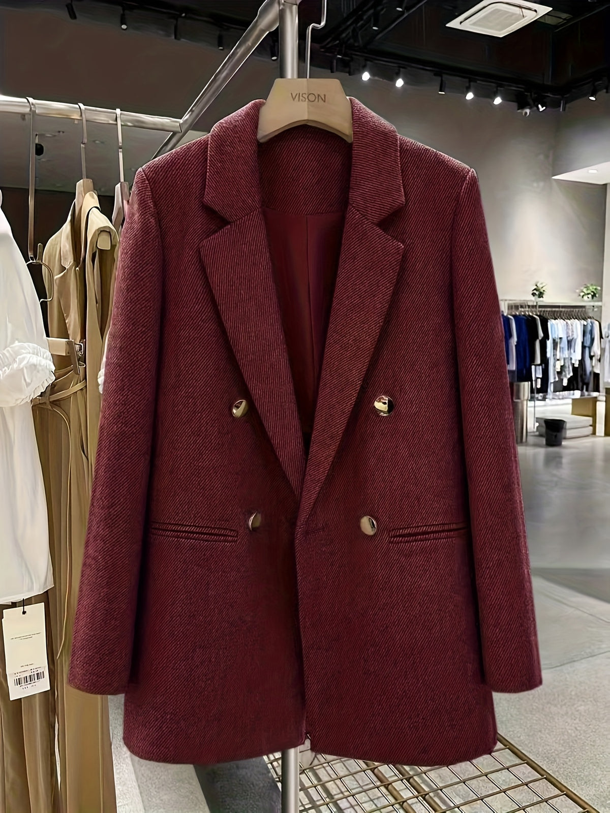 2025 Autumn/Winter High-Quality Blended Suit | Burgundy British Style Double-Breasted Coat Metal Buckle + Delicate Texture Loose Drape Commuter Style Light Luxury Workplace Women'S Clothing - Burgundy
