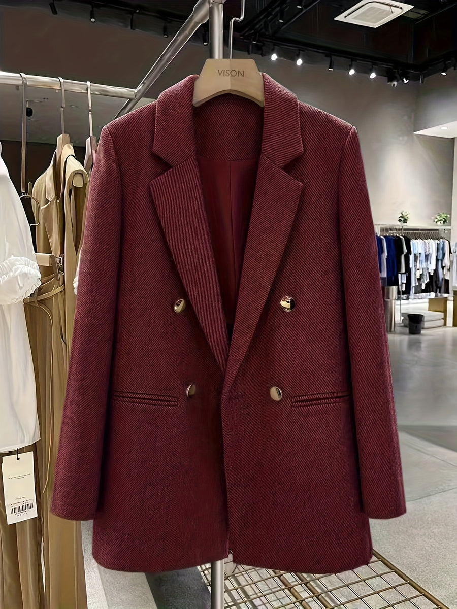 2025 Autumn/Winter High-Quality Blended Suit | Burgundy British Style Double-Breasted Coat Metal Buckle + Delicate Texture Loose Drape Commuter Style Light Luxury Workplace Women'S Clothing - Burgundy