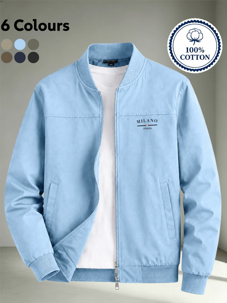 Men's Autumn/Winter 100% Zip-Up Pilot Jacket Coat, MILANO Print Zipper Stand Collar Casual Baseball Jacket, 6 Colors Available, Casual, Simple, Breathable, Lightweight Outerwear Winter Clothes for Men - Light Blue