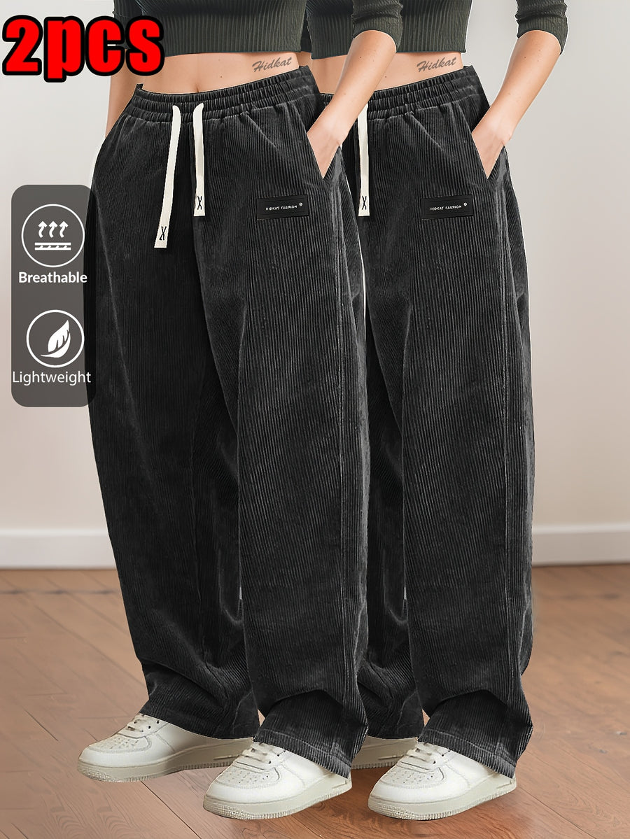 2pcs Women's Corduroy Pants, Spring/Autumn Elastic Waist with Drawstring, Back Pockets, Casual Trousers, Suitable for Casual, S, Dating, Etc. - Black+black
