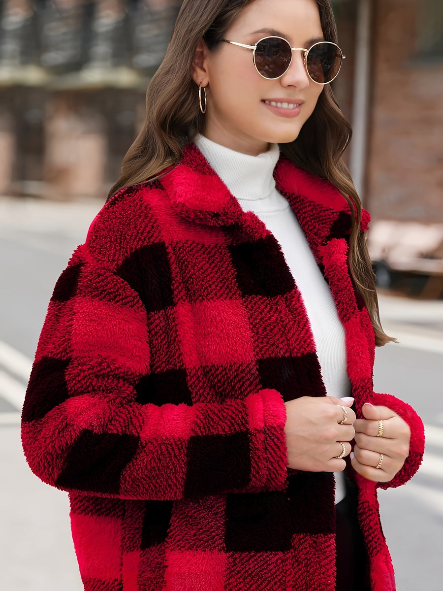 Plaid Print Patched Pockets Teddy Coat, Versatile Long Sleeve Single Breasted Winter Outwear, Women's Clothing - Red