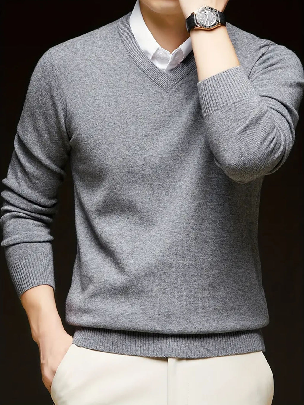 Men'S Set Solid Color V-Neck Knitted Sweater Autumn And Winter Casual Base Pullover - Navy blue + gray + brown