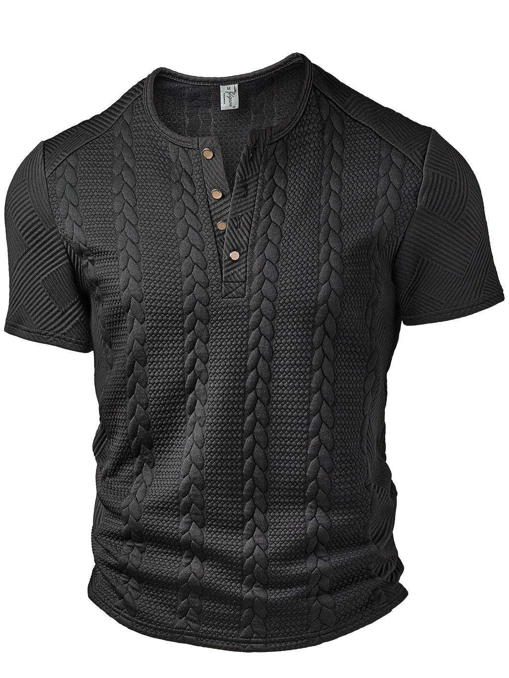 Men'S Fashion Top, Spring Summer Outdoor Casual Random Cut Textured Wheat Ear Jacquard Fabric Round Neck Single Button Patchwork Short Sleeve Men'S Henley Shirt - Black