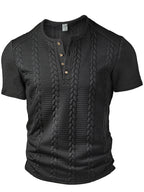 Men'S Fashion Top, Spring Summer Outdoor Casual Random Cut Textured Wheat Ear Jacquard Fabric Round Neck Single Button Patchwork Short Sleeve Men'S Henley Shirt - Black
