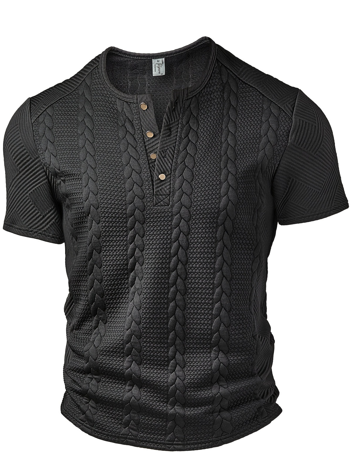 Men'S Fashion Top, Spring Summer Outdoor Casual Random Cut Textured Wheat Ear Jacquard Fabric Round Neck Single Button Patchwork Short Sleeve Men'S Henley Shirt - Black
