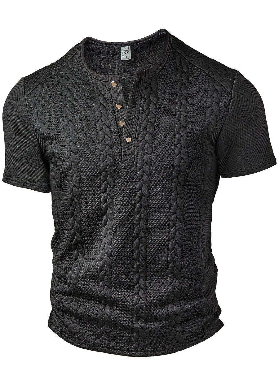 Men'S Fashion Top, Spring Summer Outdoor Casual Random Cut Textured Wheat Ear Jacquard Fabric Round Neck Single Button Patchwork Short Sleeve Men'S Henley Shirt - Black