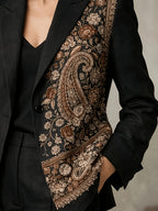 Women'S Vintage Paisley Print Blazer, Elegant Single-Button Closure, Asymmetrical Pattern, Suitable for Office And Party Wear YYTT - Black