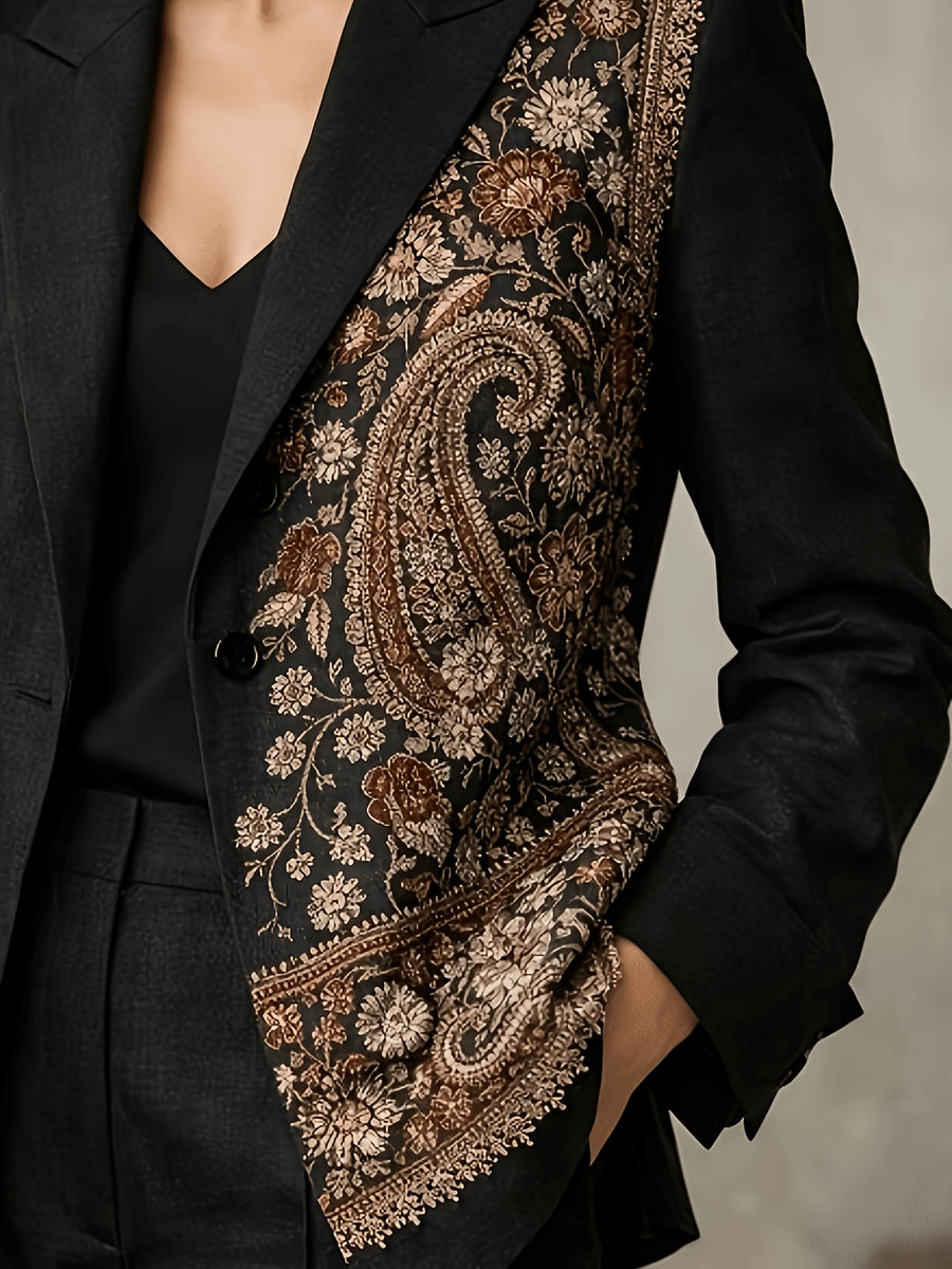 Women'S Vintage Paisley Print Blazer, Elegant Single-Button Closure, Asymmetrical Pattern, Suitable for Office And Party Wear YYTT - Black
