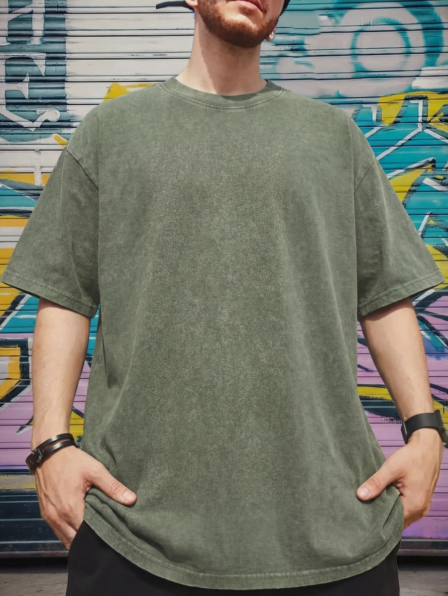 Relaxed Fit Distressed T-Shirt - Made from 100%, Heavyweight Vintage Washed Tee, Unisex Premium Quality Shirt - Olive Green