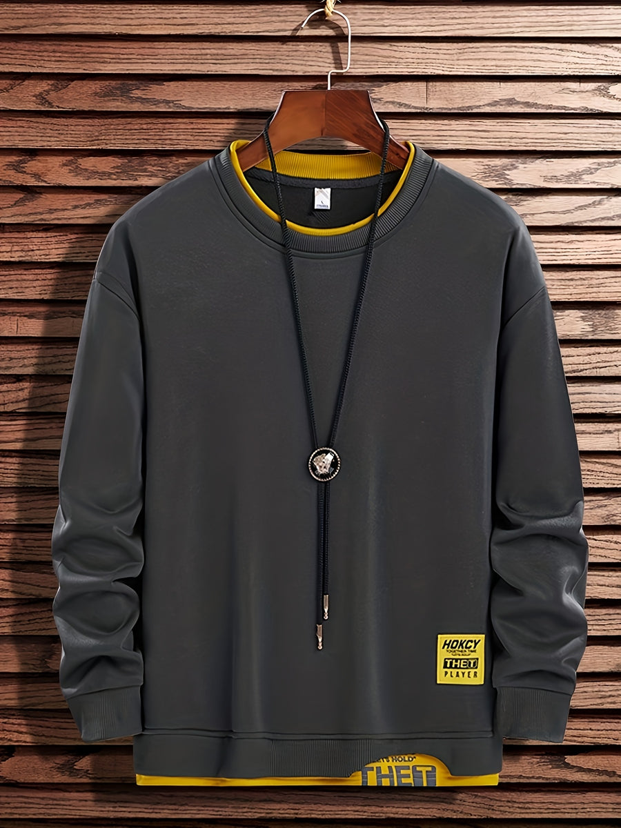 Single-pack Men's Spring/autumn Casual Sport Sweatshirt, Fashionable Round Neck Long Sleeve with Slight Stretch, Letter Color-blocked Top, Suitable for Outdoor Couple Running, Daily Hiking, and Gift-giving - Grey