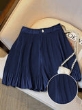 YTD Women's New Fashionable Versatile Pleated Solid Color Mini Skirt Shorts HF871 - Navy Color