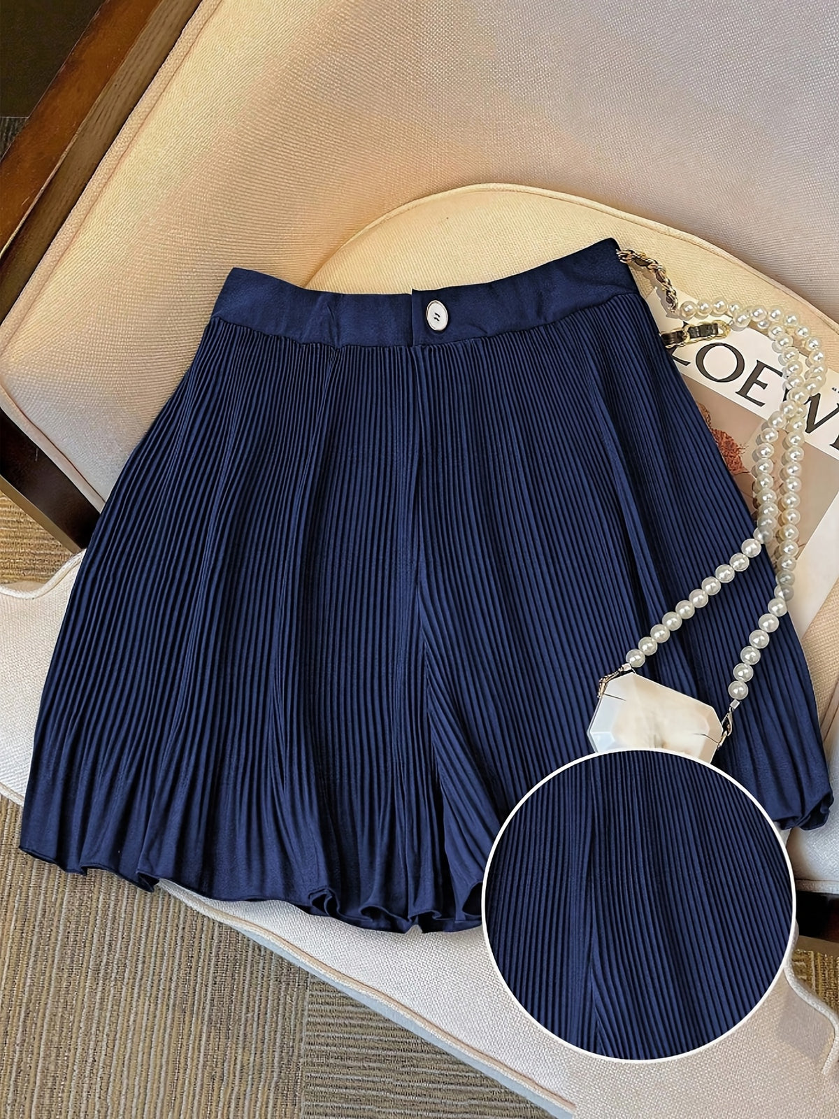 YTD Women's New Fashionable Versatile Pleated Solid Color Mini Skirt Shorts HF871 - Navy Color