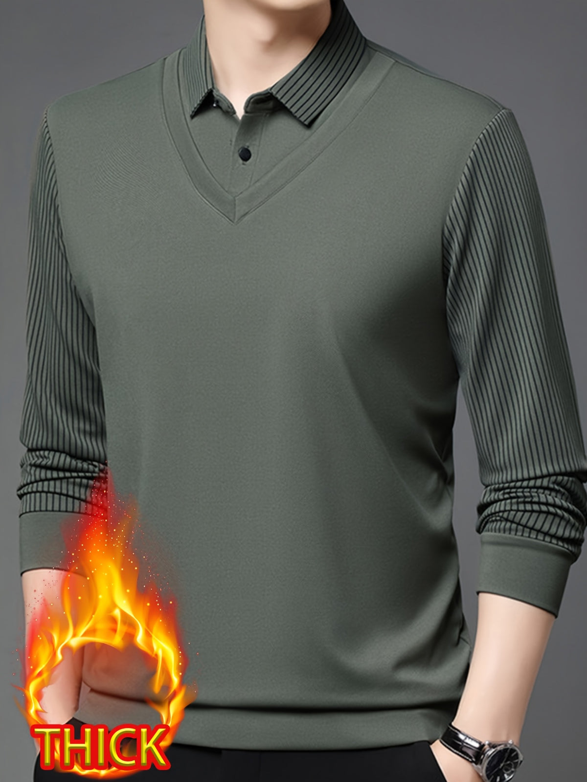 Autumn/Winter Men's 2-in-1 Look Shirt Collar Top with Striped Sleeves, Thick and Warm, Well-Fitted Cut, Versatile Pullover for Commuting - Green