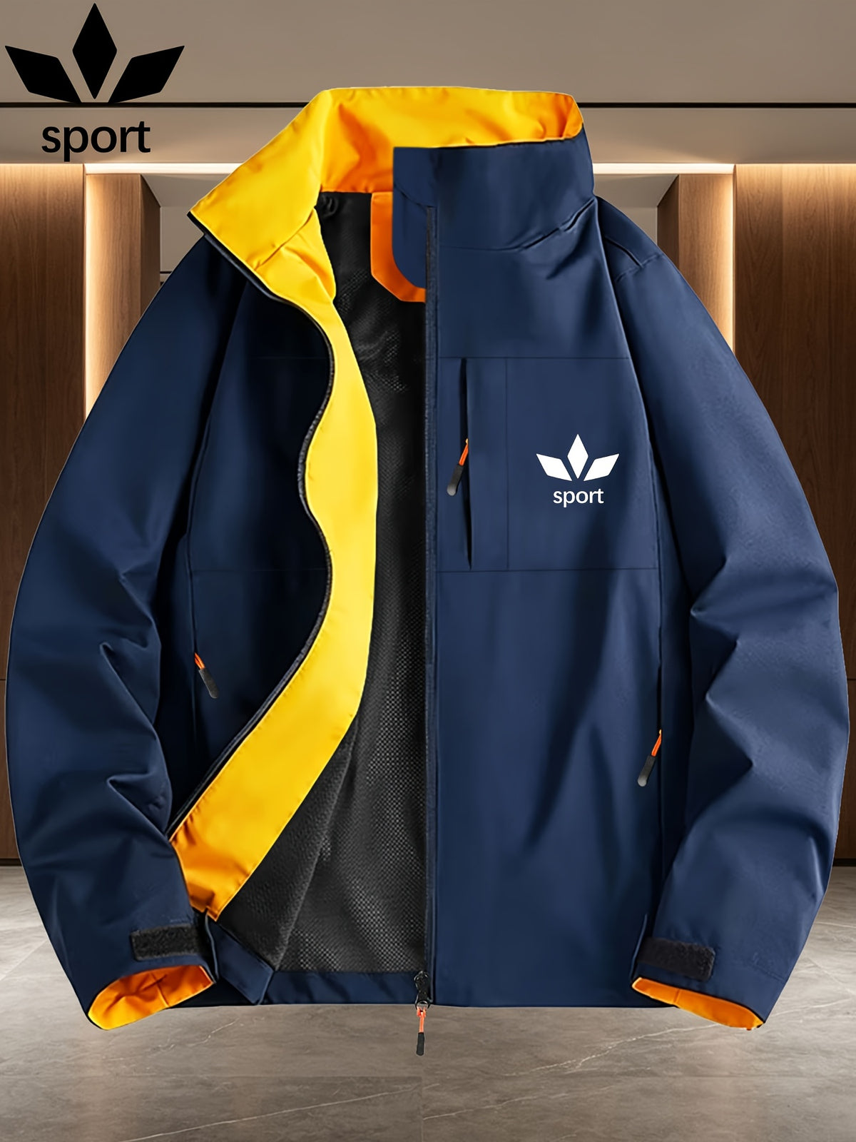 Men's Three-Leaf Clover Sport Print Reversible Full-Zip Stand Collar Windbreaker Jacket, Lightweight Windproof Outdoor Mountaineering Sports Jacket Winter Clothes for Men - Navy Color