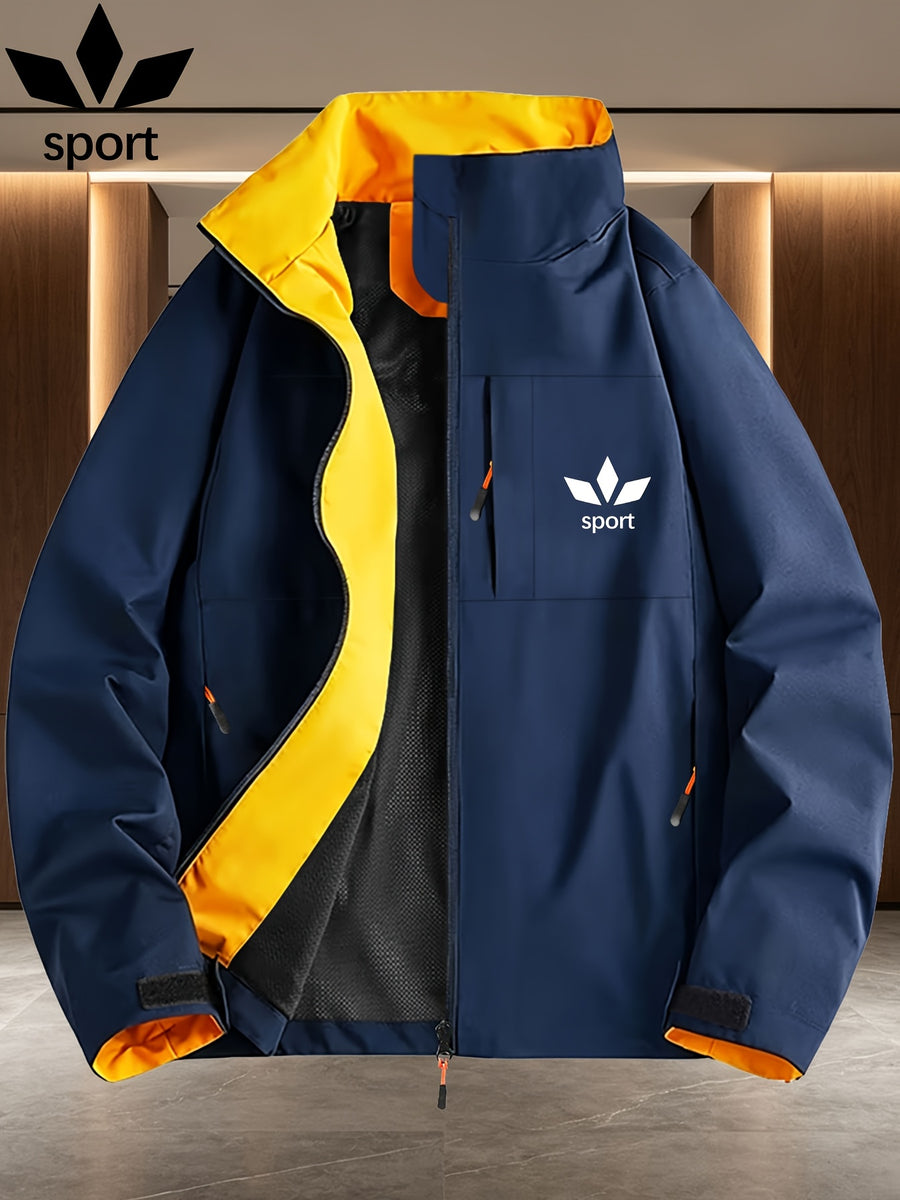 Men's Three-Leaf Clover Sport Print Reversible Full-Zip Stand Collar Windbreaker Jacket, Lightweight Windproof Outdoor Mountaineering Sports Jacket Winter Clothes for Men - Navy Color