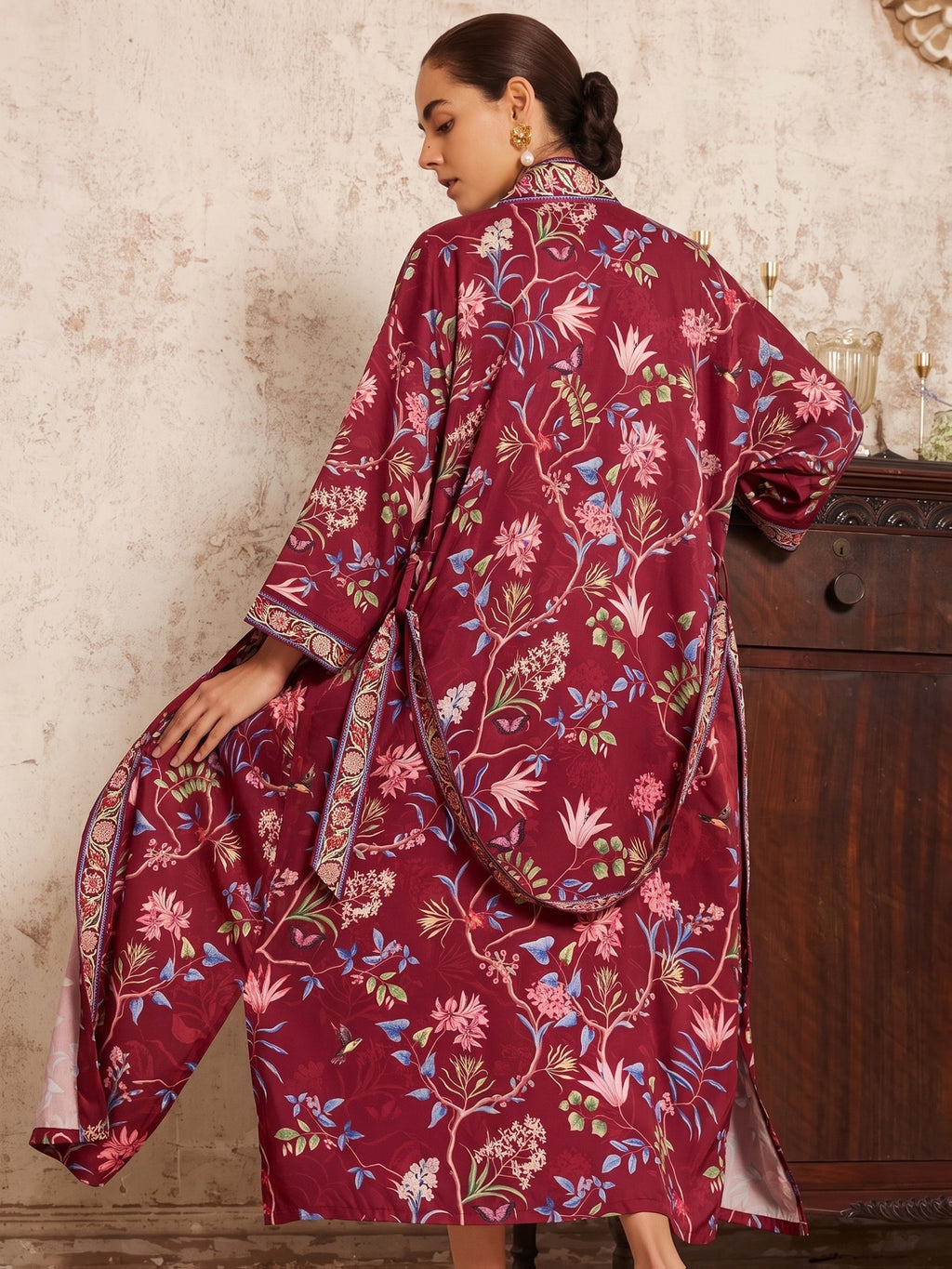 Bohemian Color-Block Small Floral Print Mid-Length Long Sleeve Kimono Cardigan Thin Jacket Women'S Elegant Casual Cover-Up Beach Vacation Resort Shawl Japanese Style Thin Cloak Jacket Hem Slit Pockets Home Bathrobe Belt Bathrobe Cover-Up Robe - Burgundy