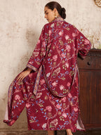 Bohemian Color-Block Small Floral Print Mid-Length Long Sleeve Kimono Cardigan Thin Jacket Women'S Elegant Casual Cover-Up Beach Vacation Resort Shawl Japanese Style Thin Cloak Jacket Hem Slit Pockets Home Bathrobe Belt Bathrobe Cover-Up Robe - Burgundy