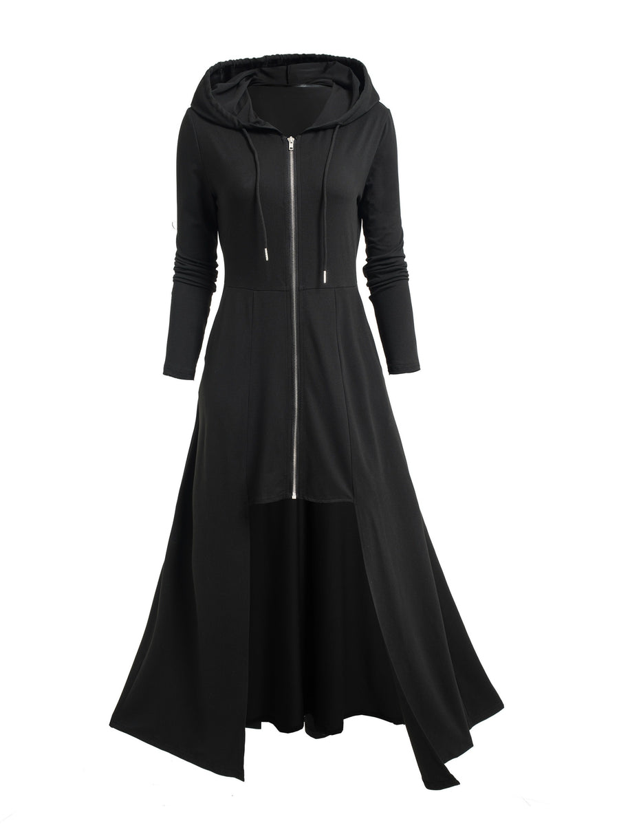 Gothic Ultra-Long Tailcoat Cardigan with Zipper And Hood, Pockets Included, Long Length Hooded Openable Zipper Jacket, Mysterious Ghost Coat, Enigmatic Hooded Ultra-Long Coat - Black