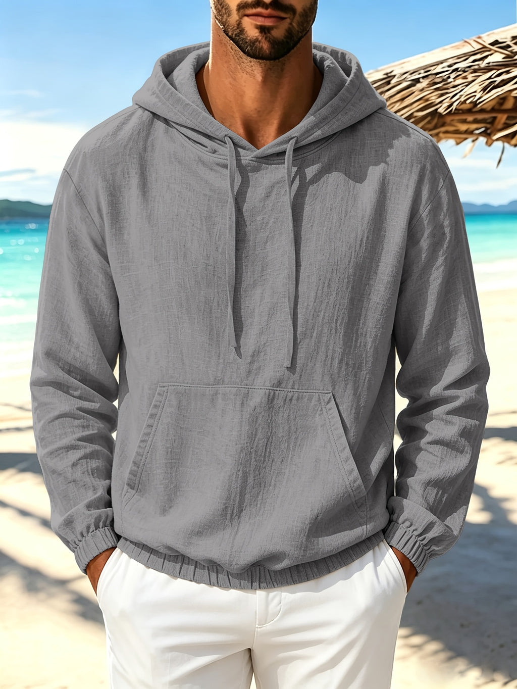 Men's New Spring/Autumn Lightweight Solid Color Linen Hooded Casual Sportswear Top, Thin, Comfortable, Simple, Classic Style, Versatile for Daily Wear, Fitness, Trendy and Fashionable Long Sleeve - Silvery Grey