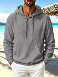 Men's New Spring/Autumn Lightweight Solid Color Linen Hooded Casual Sportswear Top, Thin, Comfortable, Simple, Classic Style, Versatile for Daily Wear, Fitness, Trendy and Fashionable Long Sleeve - Silvery Grey