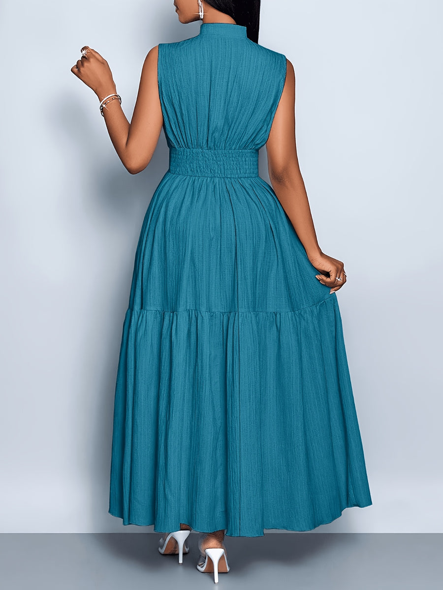 Elegant and Fashionable Women's Solid Color Stand-up Collar Sleeveless Waist-cinching Tie-knot Dress with Front Cutout, Suitable for Casual, Fashionable, and Commuting Styles. Selected from the Industry's Elegant Series, Ideal for Parties and Work - Peacock Blue