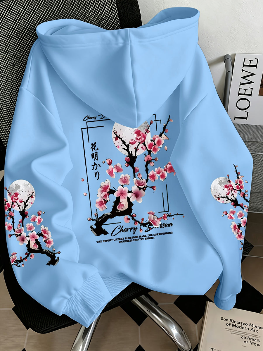 Women'S Fashion Cherry Blossom And Letter Print Casual Hooded Sweatshirt - Sky Blue