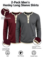 2pcs Men's Long Sleeve Henley Shirt, Versatile T-Shirt for Spring, Summer, and Autumn, Vacation and Streetwear, Half-Button Crew Neck Design, Soft, Comfortable, and Durable Knitted Fabric, Regular Fit, Solid Color, Suitable for Outdoor Leisure - Dark gray + jujube red