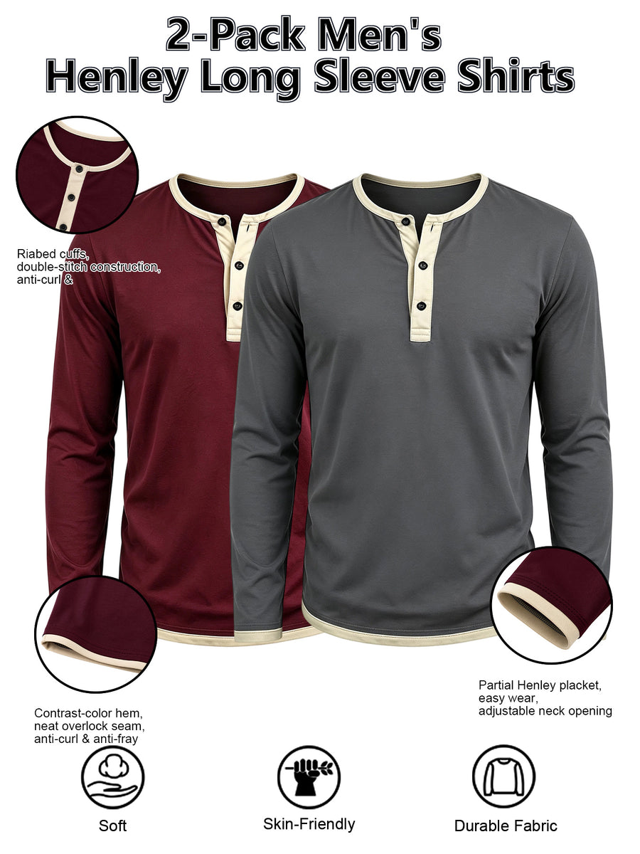 2pcs Men's Long Sleeve Henley Shirt, Versatile T-Shirt for Spring, Summer, and Autumn, Vacation and Streetwear, Half-Button Crew Neck Design, Soft, Comfortable, and Durable Knitted Fabric, Regular Fit, Solid Color, Suitable for Outdoor Leisure - Dark gray + jujube red