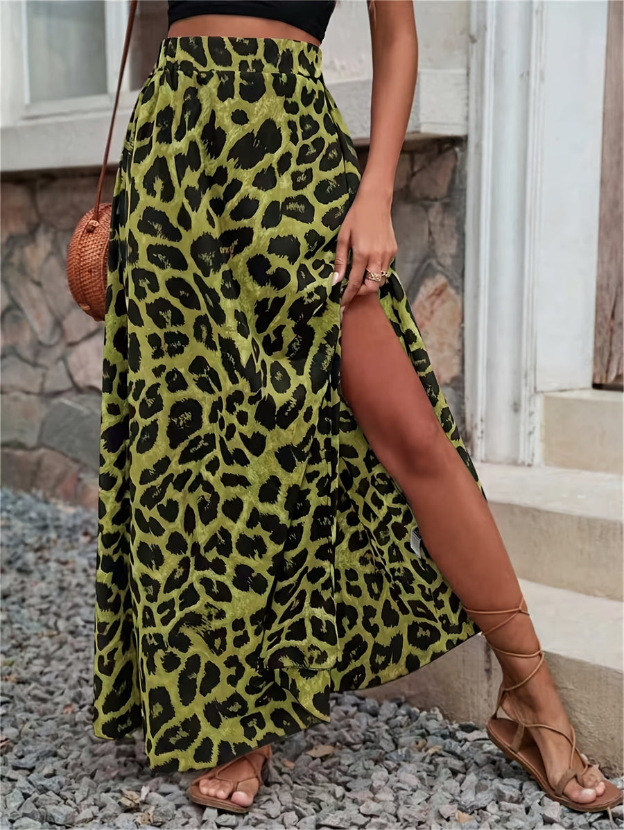 Women'S Fashion Leopard Print Side Slit Midi Skirt Beach Vacation - Green