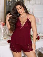 Large Size Women's Brick Red Lace Camisole Pajama Set with Bow Decoration Sexy Shorts 2pcs Set with European and American Style Slim Fit Home Plus Size Home Clothes Easter Mother's Day Thoughtful Gift - Brick Red