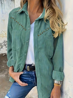 New Corduroy Women's Top, Simple Casual Versatile Rivet Decor with Pockets Popular Vintage Shirt - Green