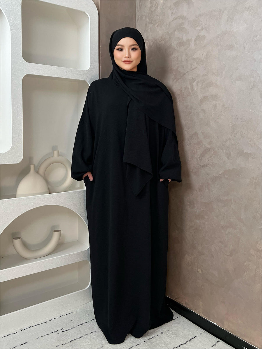IRONFREE Elegant Crepe Hooded Abaya Hijab with Attached Scarf & Pockets - Modest Long Sleeve Full Coverage Prayer Dress, Machine Washable Medium Stretch Solid Color All-Season Traditional Muslim Women's Clothing, Muslim Clothes, Modest Apparel, Medium - Black
