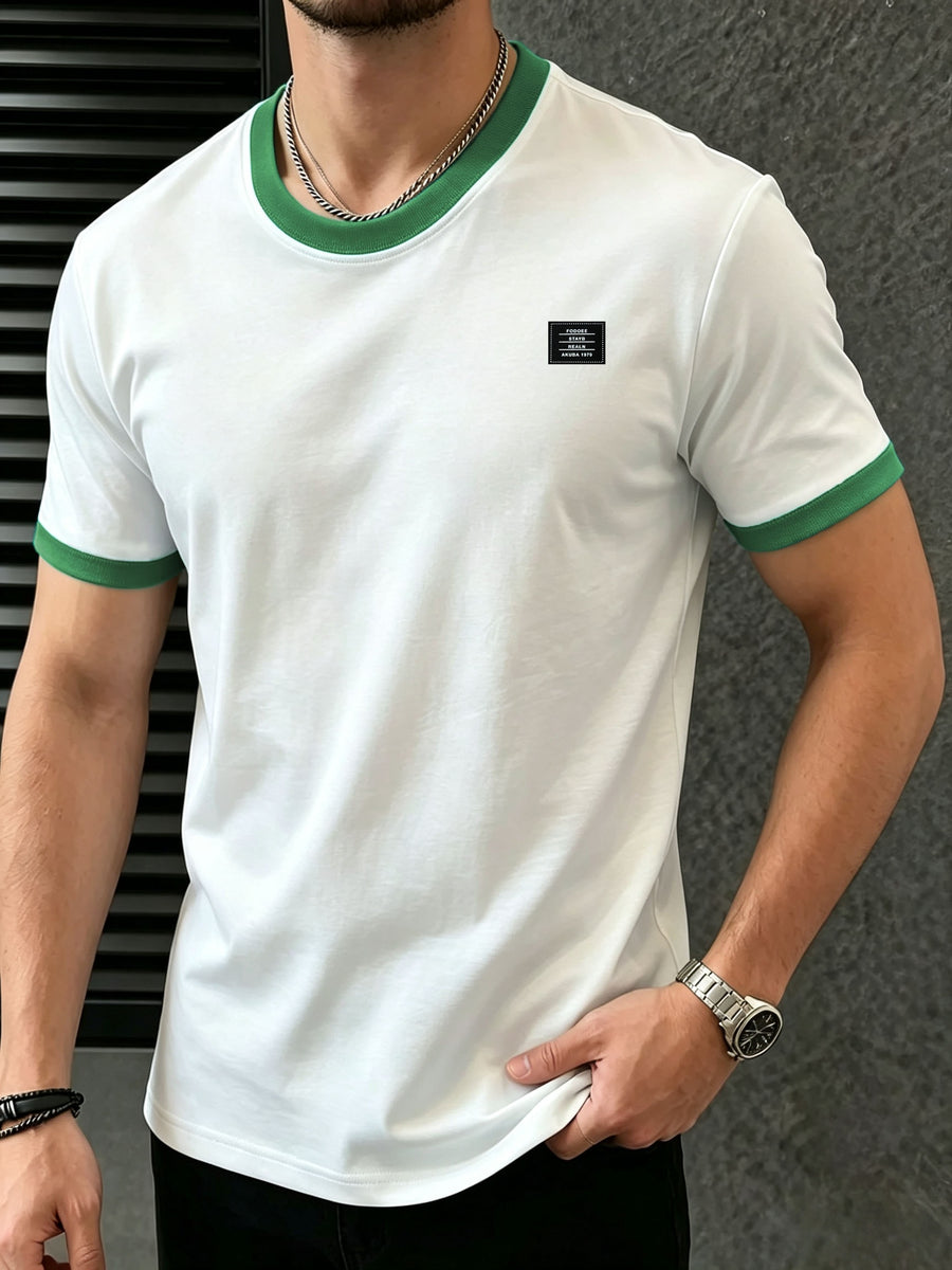 Men's 95% Polyester T-Shirt with Color-Block Patch & Badge Detail - Crew Neck Base Layer Suitable for Casual, Sportswear, All-Season Wear, Machine Washable, High-Fit Regular Fit Top for Layering and Everyday Use - White Green