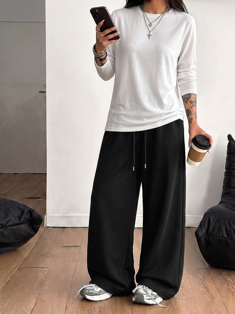 Women's 2pcs Set: Round Neck Loose-Fit Versatile Casual Sport Long Sleeve Top + Casual Sport Long Pants - White+black