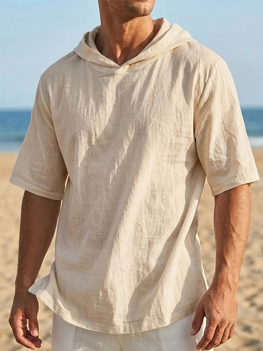 Men'S Linen Short-Sleeved Hoodie, Fashionable Men'S Top, Short-Sleeved Hoodie, Individual Trend, Comfortable And Breathable Fabric, Suitable for Outdoor Leisure, Camping, Vacation, Beach, Daily Street Wear - Khaki