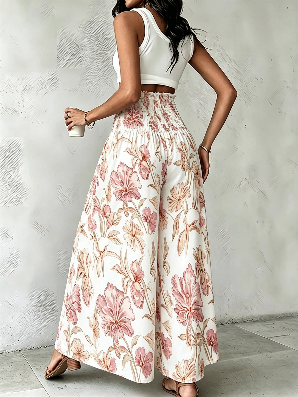 Women'S Floral Print Wide-Leg Pants High-Waist Ruched Waist Bohemian Style Long Trousers Flowy Vacation Pants - Multicolor 4