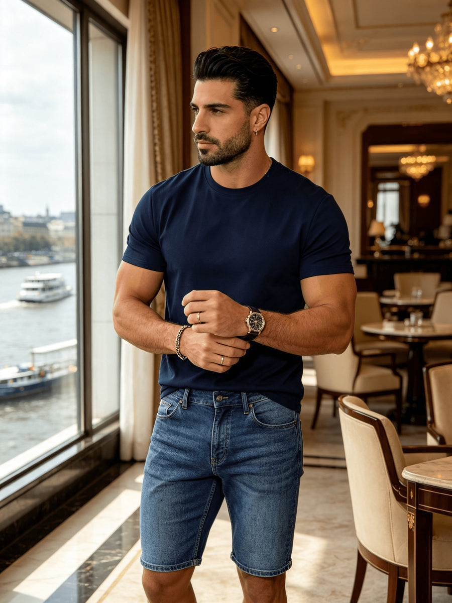 Men's Spring/Summer Solid Color T-Shirt, Short-Sleeve Top, Casual and Breathable, Suitable for Commuting and Outings, Fashionable, Trendy, Simple, and Versatile, a Casual Essential - Navy Color