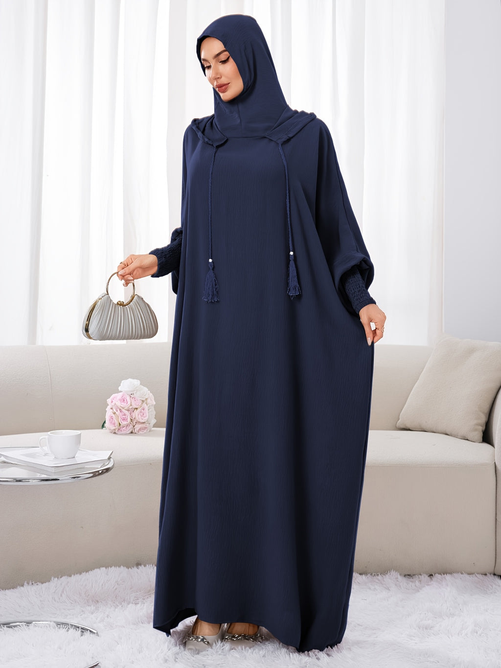 Plus Size - 1pc Ice Wrinkled Fabric Solid Color Loose Hooded Headscarf Women'S Fashion Abaya Suitable for Spring Summer Autumn Daily Wear Robe Foulard Femme Abaya Femme Foulard Abaya Femme - Navy Color
