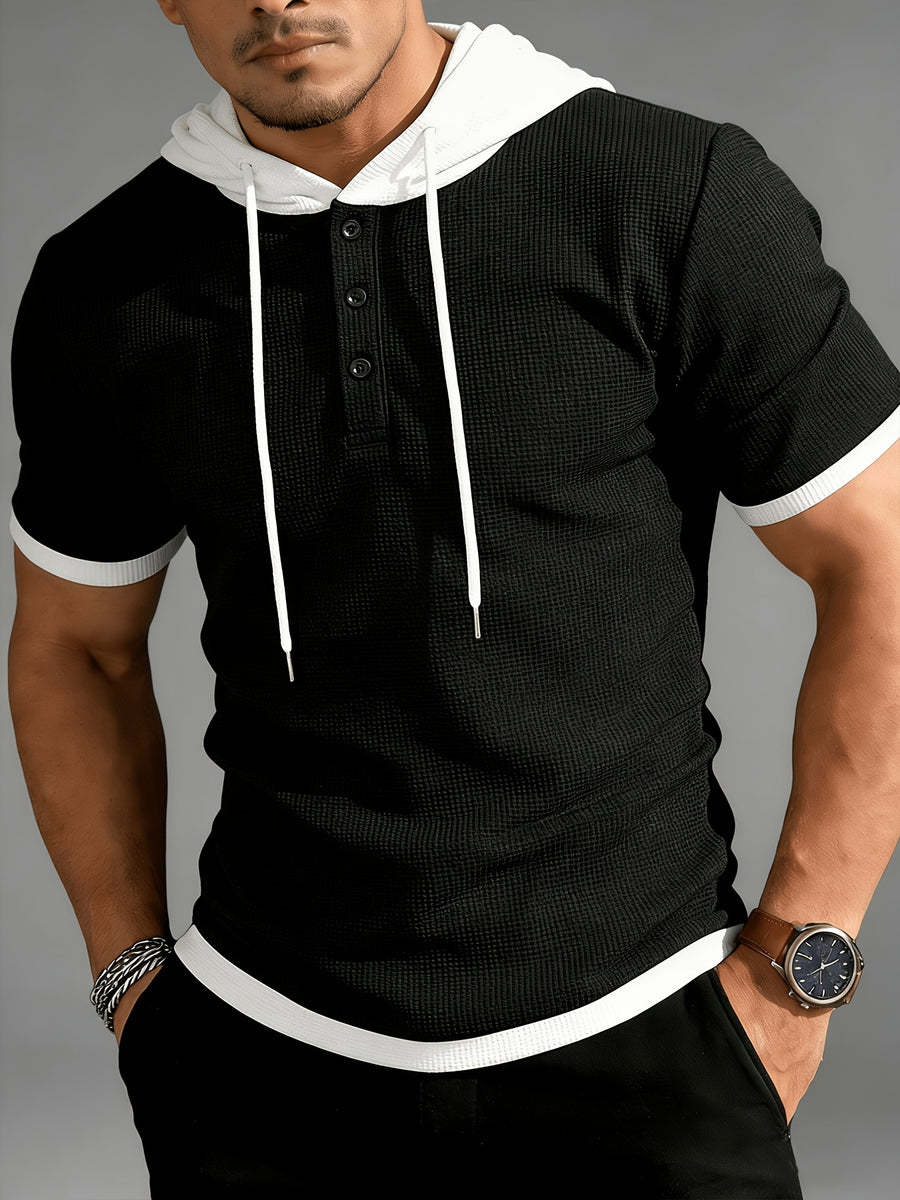 Josh Rose Summer Men's High-Quality Waffle Hooded Short-Sleeve T-Shirt - Unique Fashionable Patchwork Design with Special Textured Fabric, Adjustable Drawstring with Button, Suitable for Gym Workouts, Sports, Casual Wear, Outdoor Camping - Black