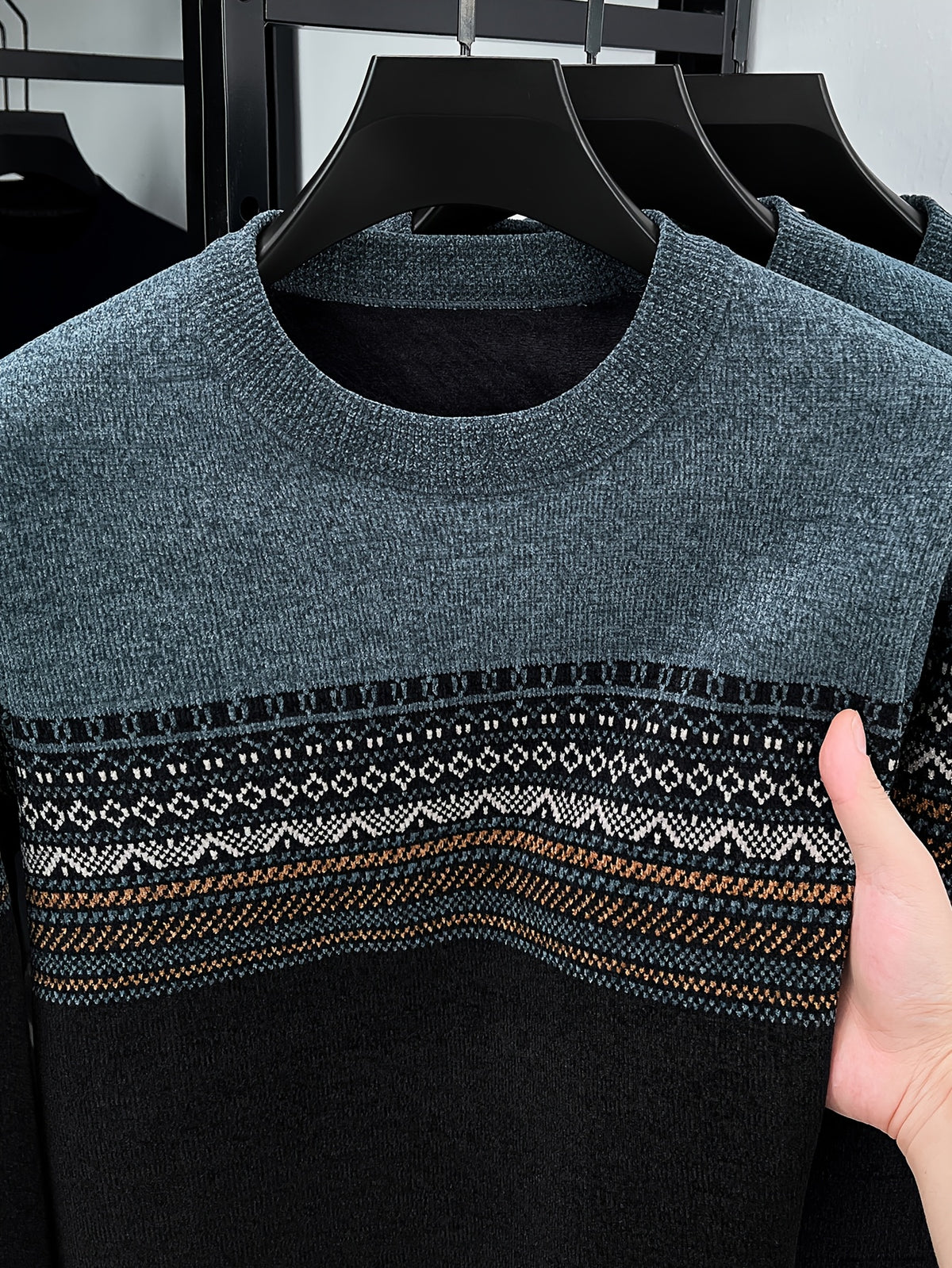 Men's Crew Neck Jacquard Knit Sweater, Autumn/Winter Mid-Life Warm Base Layer Top - Black