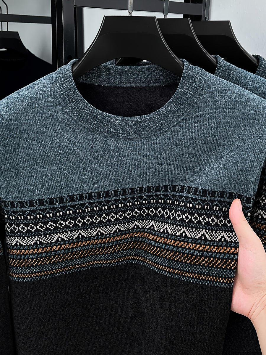 Men's Crew Neck Jacquard Knit Sweater, Autumn/Winter Mid-Life Warm Base Layer Top - Black