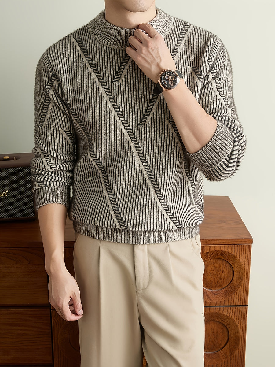 Men'S Olive Green Herringbone Knit Crew Neck Sweater, Textured Long Sleeve Pullover with Ribbed Trim, Old Money Fall Winter Top - Khaki