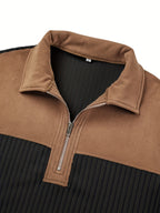 Men's Color-Block Design Casual Stand Collar Pullover - Ribbed Color-Block Patchwork, Thick and Warm Pullover, Stand Collar with Zipper Design, Suitable for Daily Casual Fashion, Simple and Versatile for Outings and Commuting, Long-Sleeve  Pullover - Black