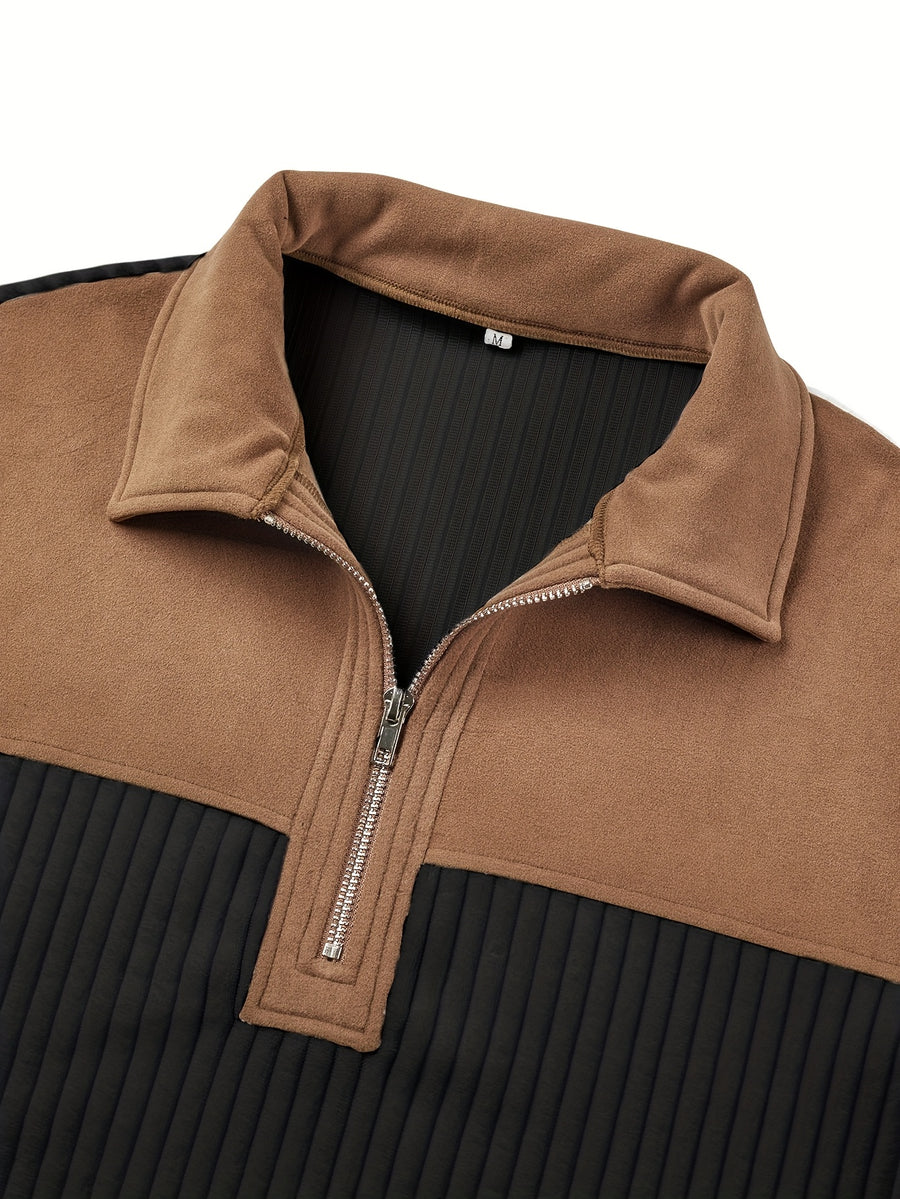 Men's Color-Block Design Casual Stand Collar Pullover - Ribbed Color-Block Patchwork, Thick and Warm Pullover, Stand Collar with Zipper Design, Suitable for Daily Casual Fashion, Simple and Versatile for Outings and Commuting, Long-Sleeve Pullover - Black