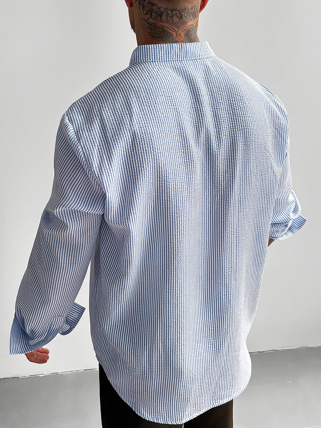 Men's Blue and White Striped Seersucker Shirt, Loose Fit Casual Long Sleeve Men's Shirt, Lightweight and Breathable, Outdoor Beach Vacation Men's Top, Suitable for Vacations, Parties, and Daily Office Wear. Men's Gift. Shirt - Azure