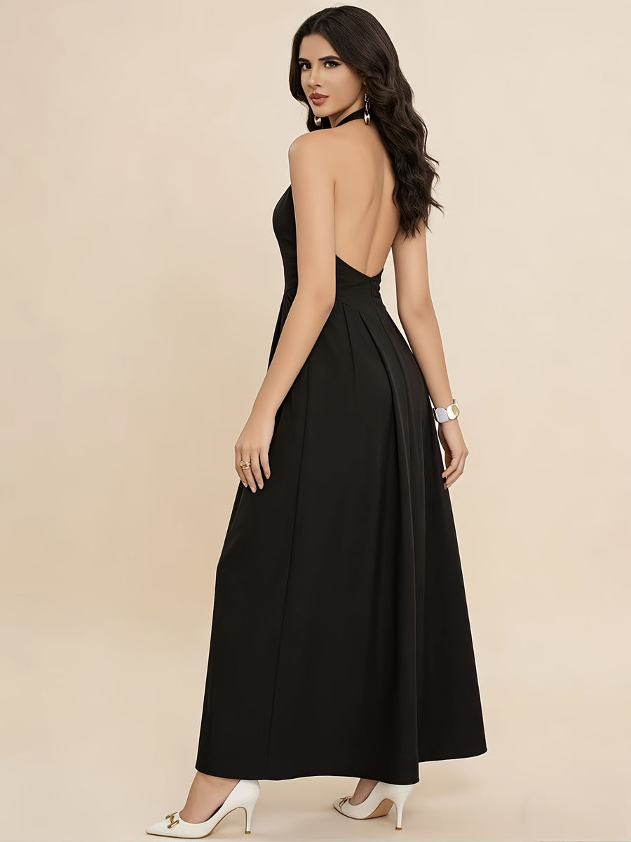 Elegant Directional Fashion Light Luxury Choker Neckline Deep V Slim-fit Flared Formal Banquet, Ball, Holiday Party Dress - Black