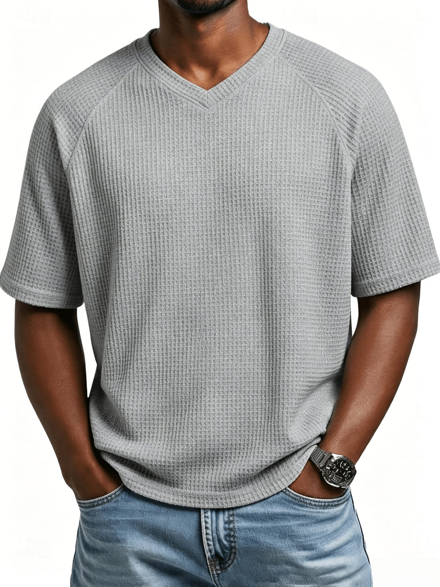 Men's Fashion Waffle Knit Raglan Sleeve V-Neck Short Sleeve Shirt, Men's V-Neck Short Sleeve T-Shirt, Chest Badge with Contrast Color Label, Stylish and Aesthetic - Grey