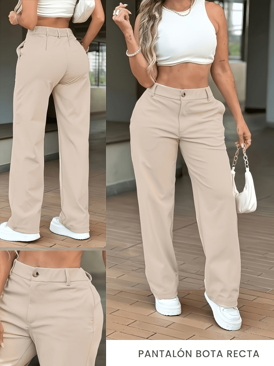 HMY Western Style High-Waist Button-Fly Wide-Leg Trousers, Drape Commute Casual Straight Suit Pants And - Apricot
