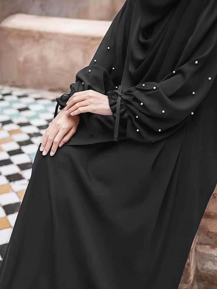 Middle Eastern Solid Color Women'S Robe with Pearl Sleeves Dress And Long Scarf 2pcs Set, Ideal for Women'S Daily Wear, Travel, And Ramadan - Black